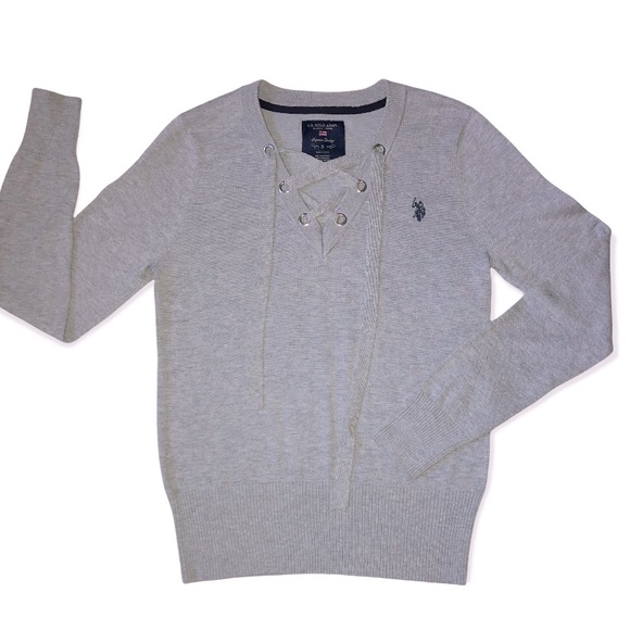 U.S. POLO ASSN. Grey Lace-up V-neck Pullover Sweater Women’s Small $52 NWT - Picture 1 of 10